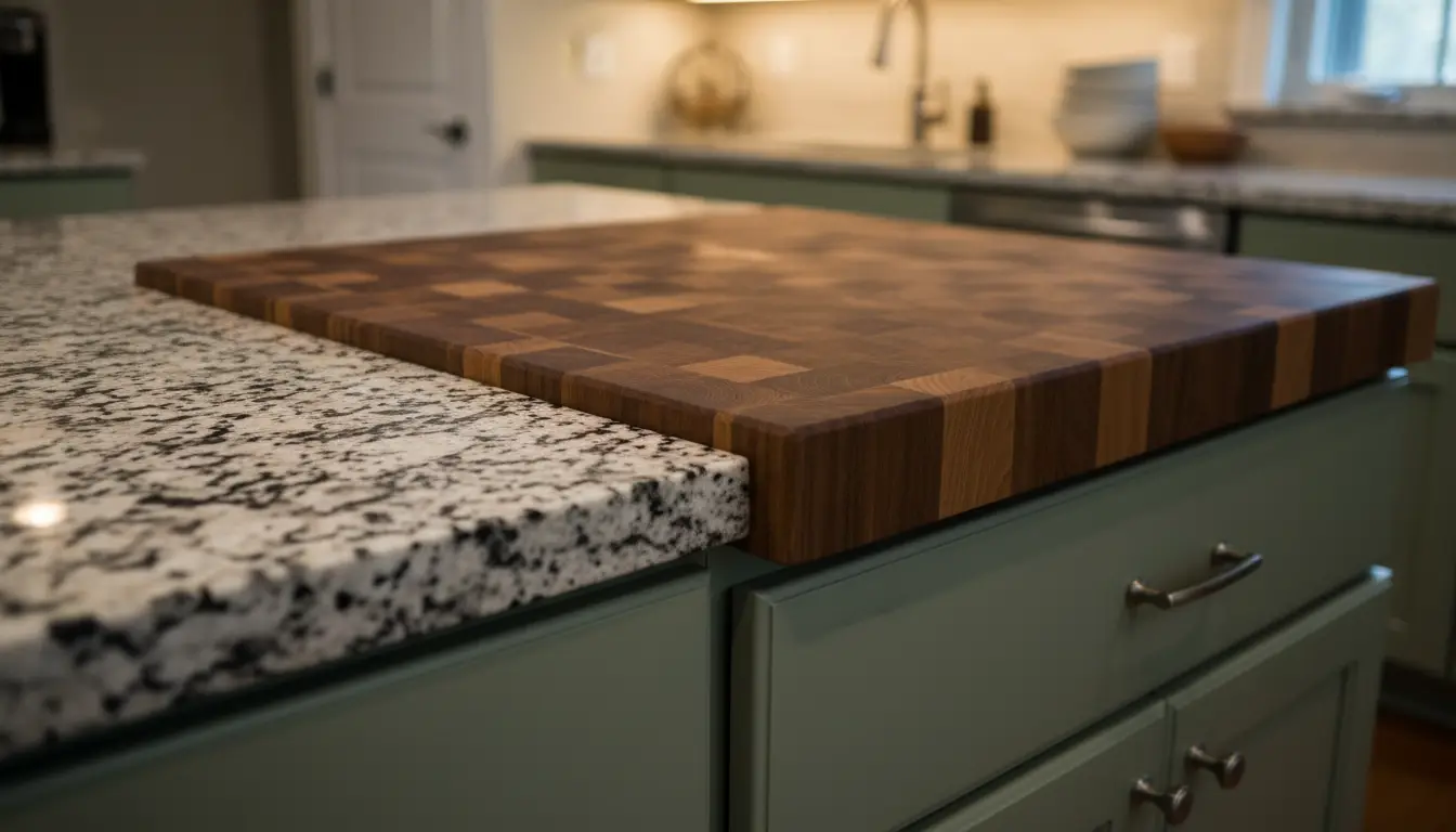 Speckled granite countertop meeting an oiled end-grain butcher block