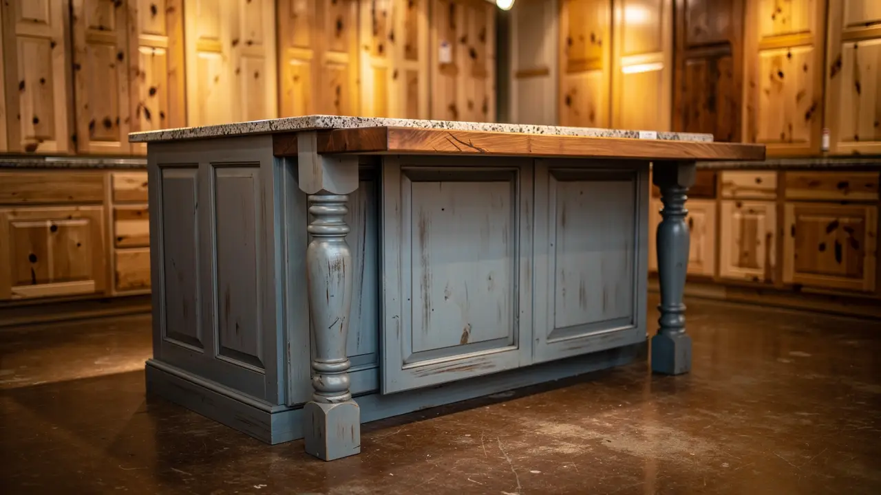 Painted kitchen island with turned legs, a granite top and a butcher-block overhang