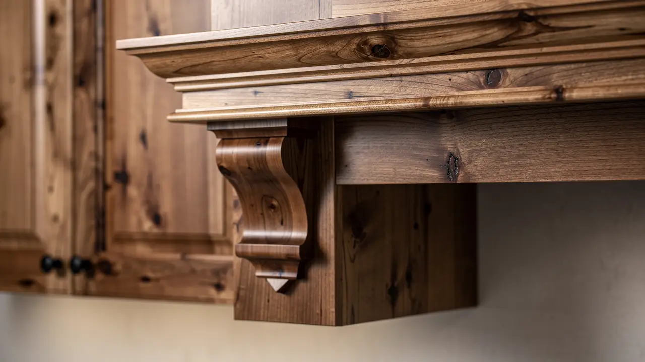 Wood range-hood surround with a carved corbel and stacked crown moulding