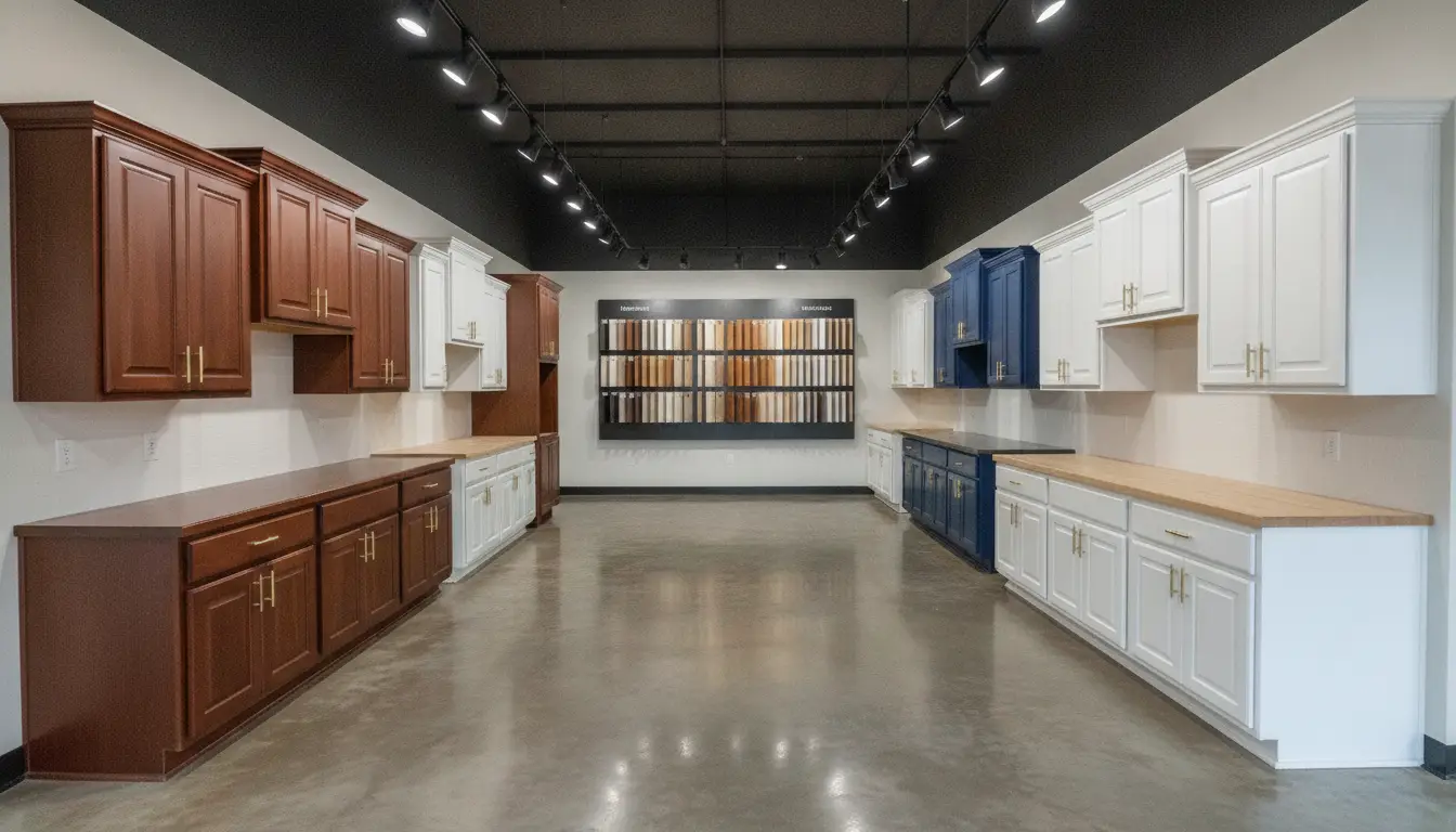 Cabinetry showroom with stained and painted kitchen displays and a rack of sample doors